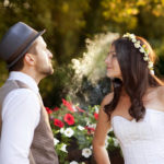 Beautiful bride and groom portrait in nature